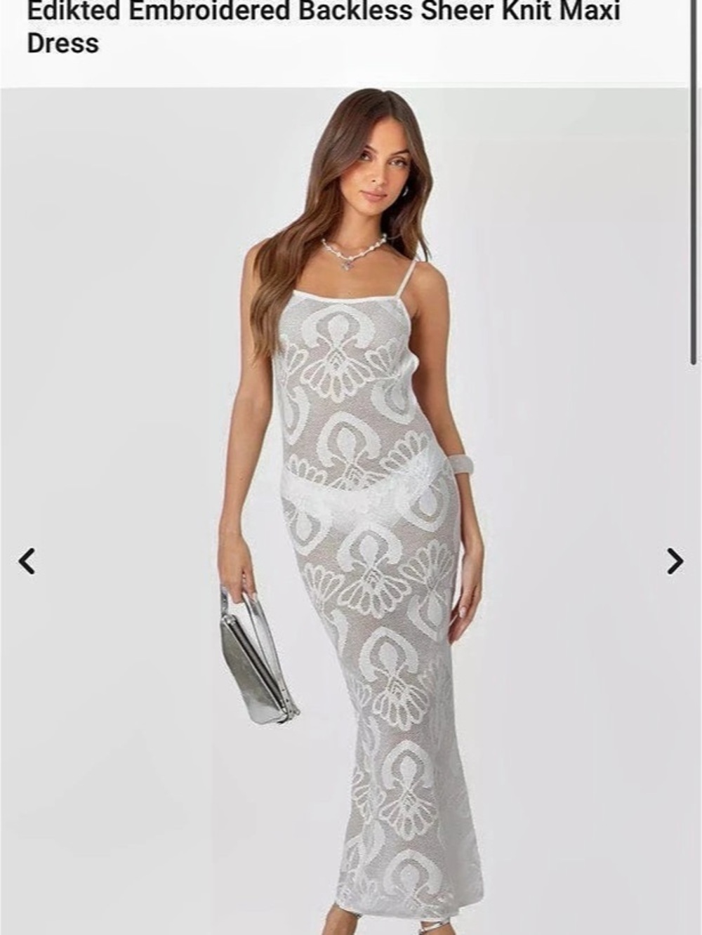 Edikted Embroidered Backless Sheer Knit Maxi Dress, size small, cream